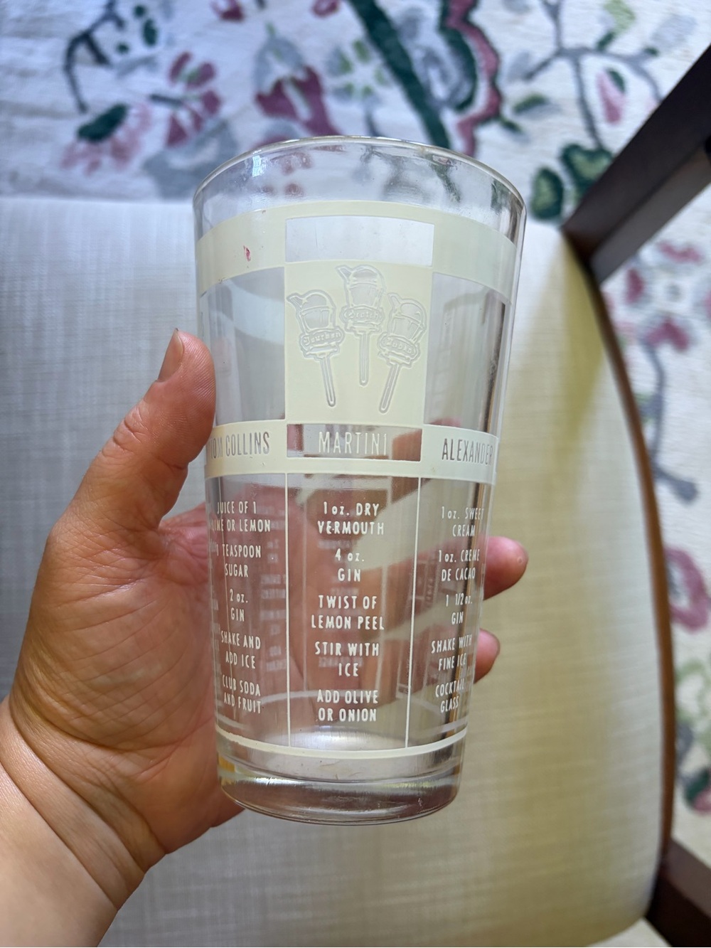 Vintage midcentury bar glass with cocktail recipes